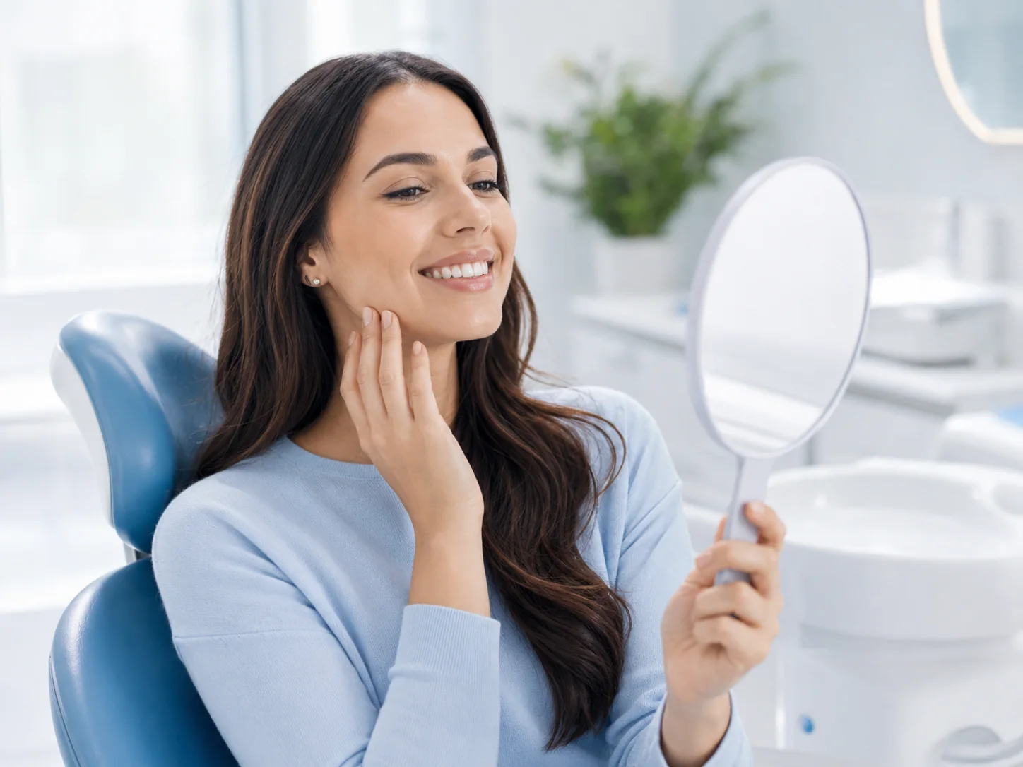 Paciente satisfeita com tratamento odontológico